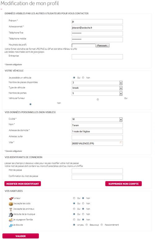 modification compte covoiturage